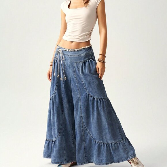 blue Casual Women's Patchwork Loose Wide Leg Jeans - Picture 1 of 8
